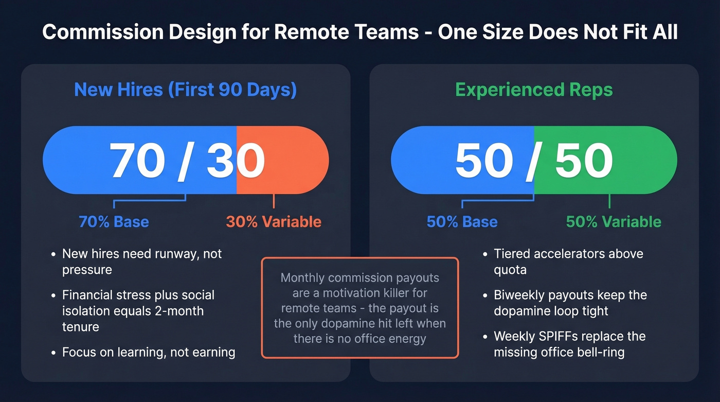 Commission split comparison for new vs experienced remote reps