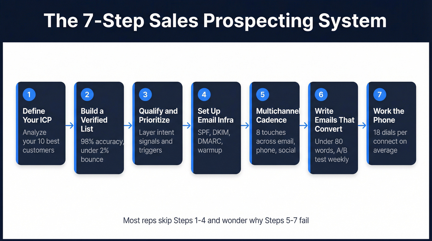 7-step sales prospecting system visual workflow