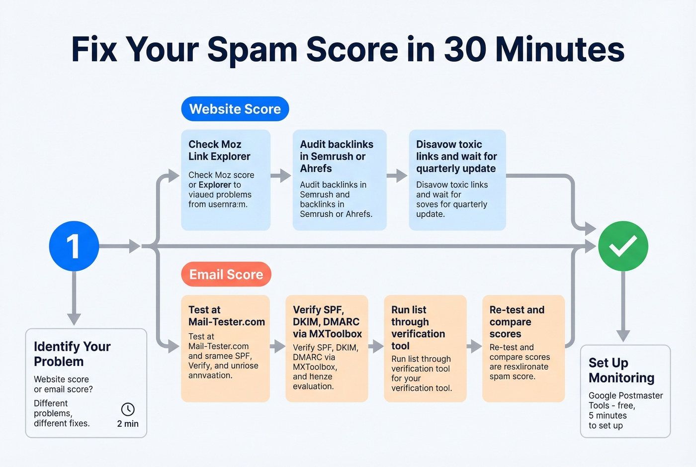 30-minute spam score diagnostic workflow