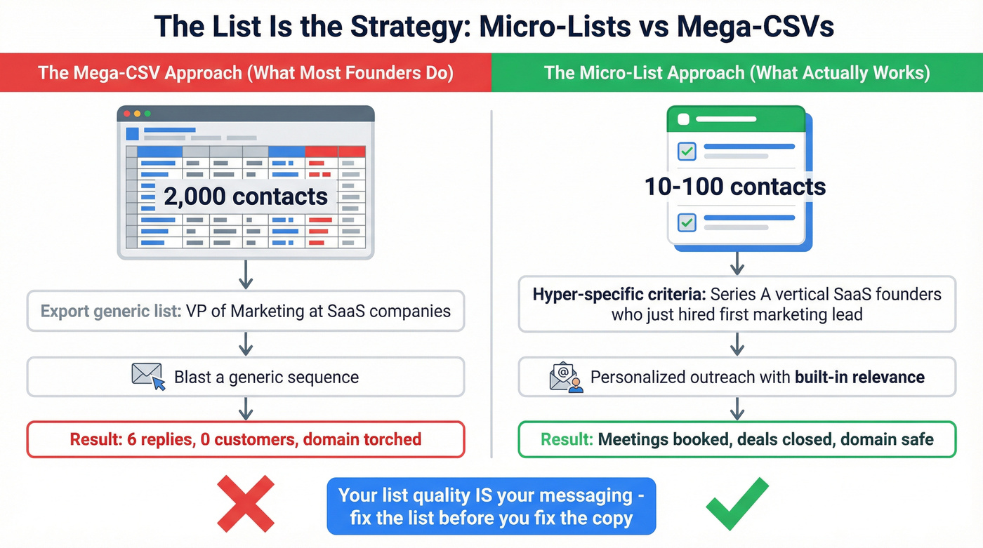 Micro-list vs mega-CSV outbound approach comparison