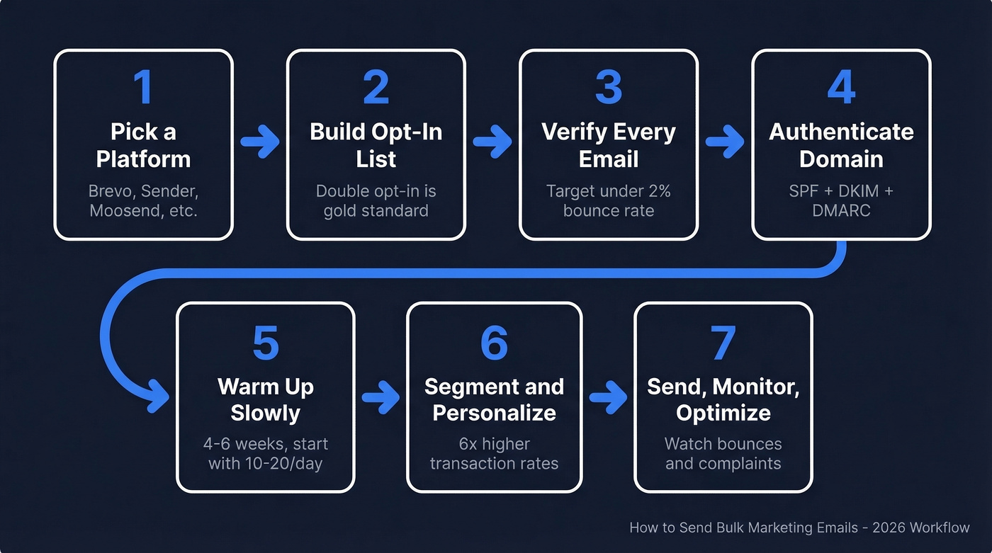 Seven-step bulk email sending workflow from platform to optimization