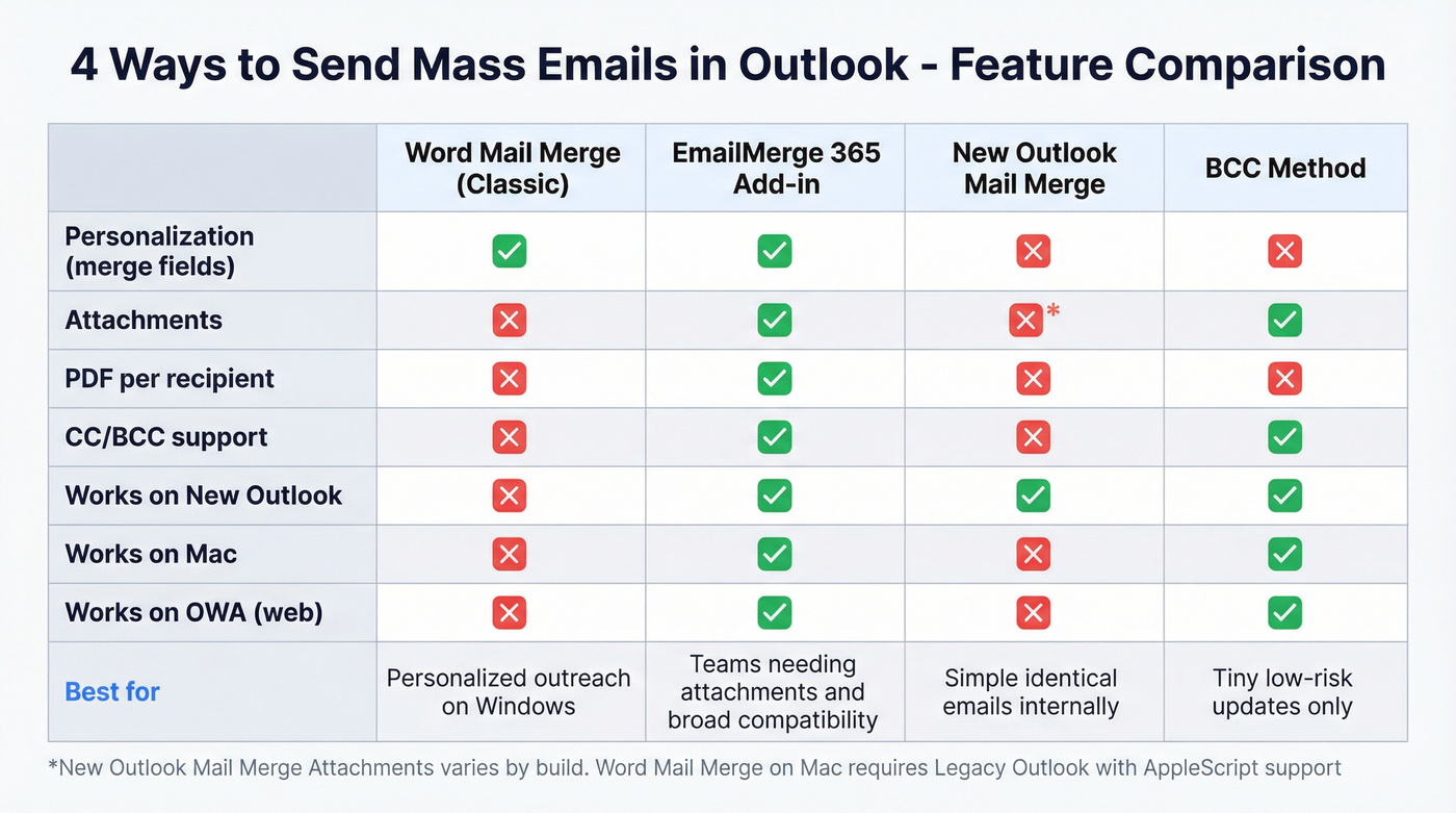 Comparison matrix of four Outlook mass email methods