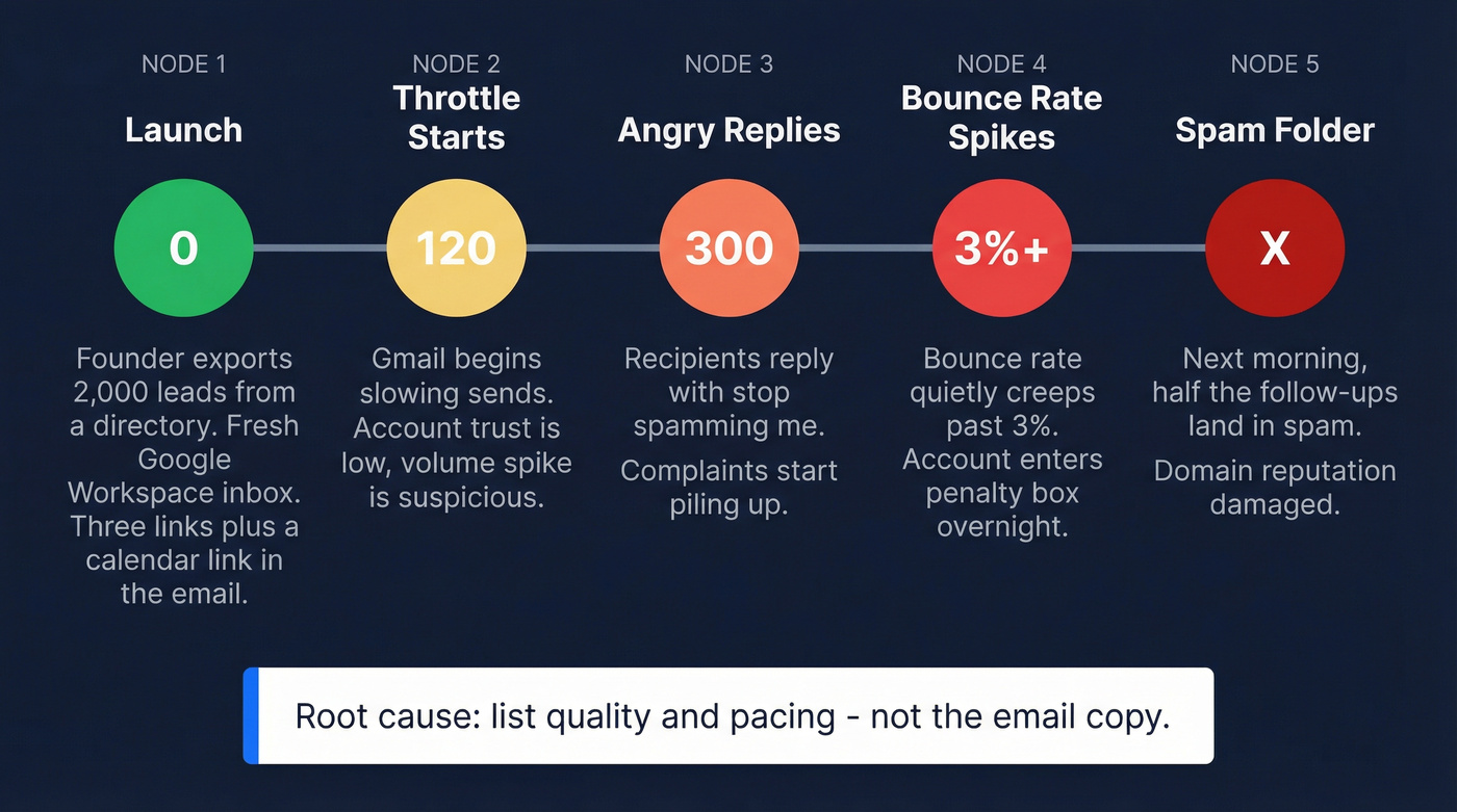 Timeline showing how a bad send degrades from launch to spam folder