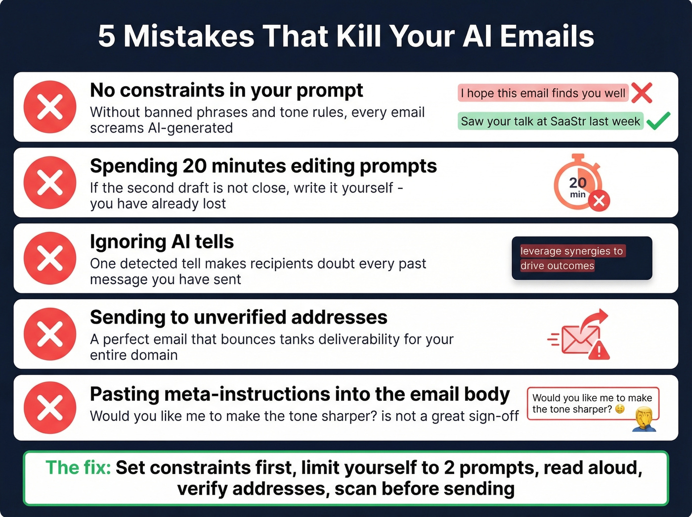 Five common AI email mistakes with warning icons