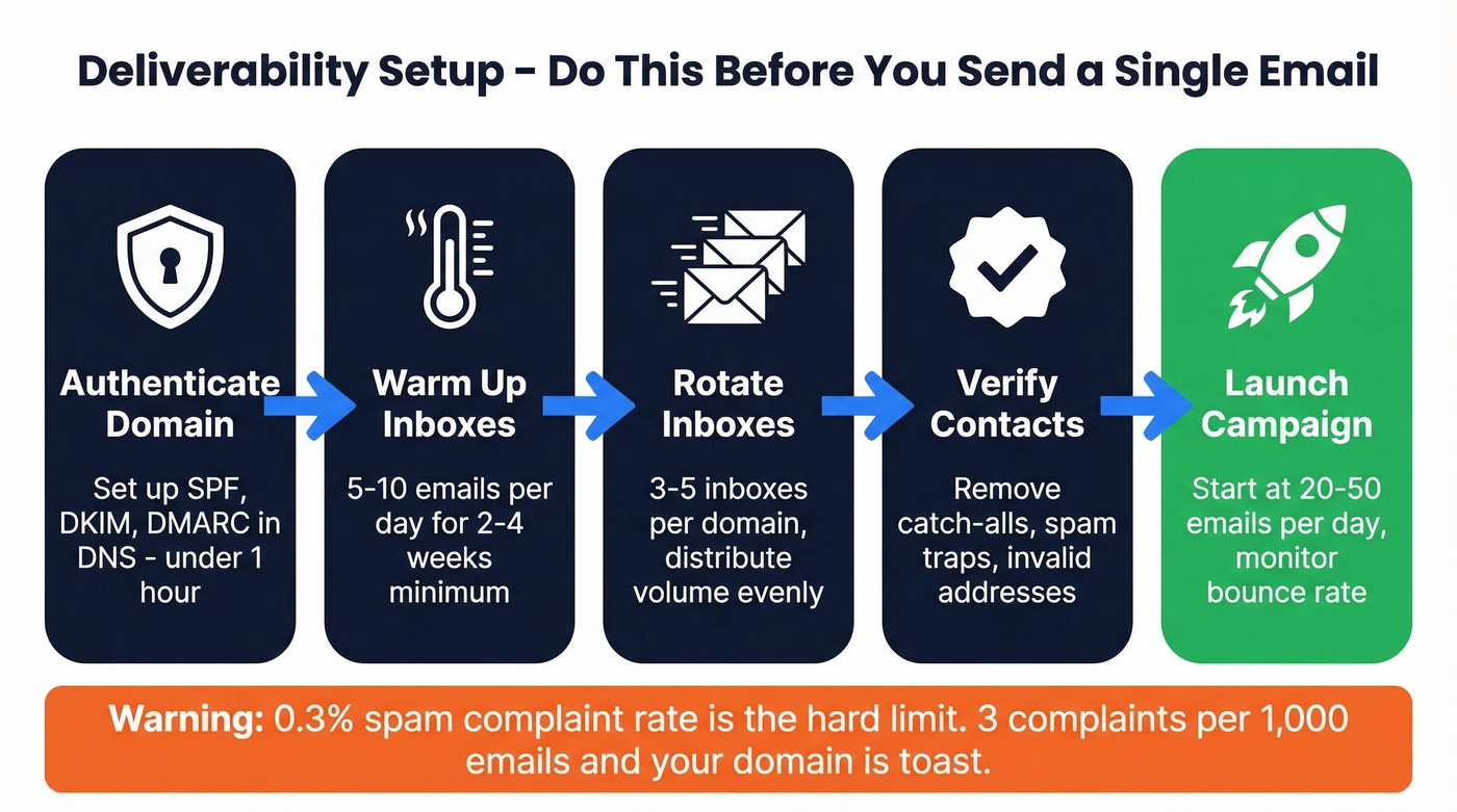Step-by-step deliverability setup flow before sending outreach