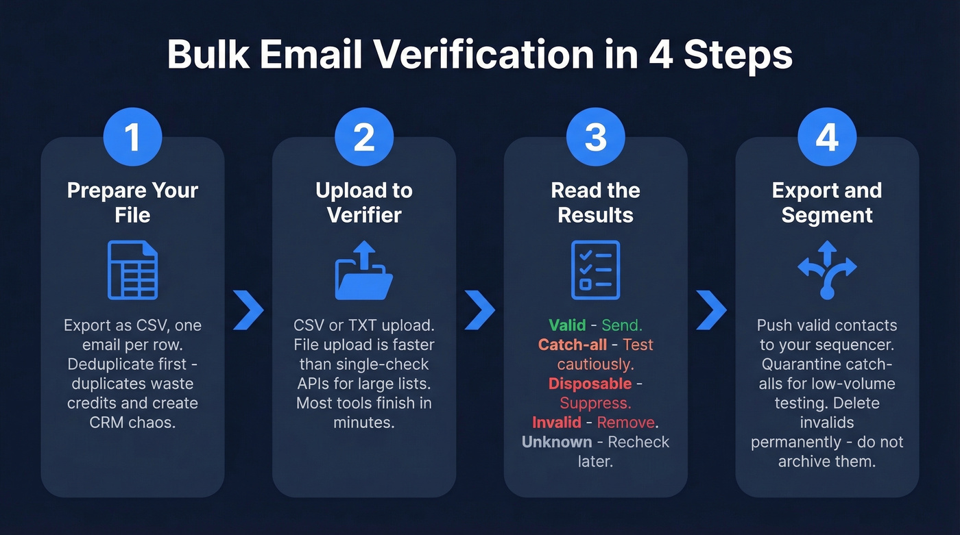 Four-step bulk email verification workflow diagram