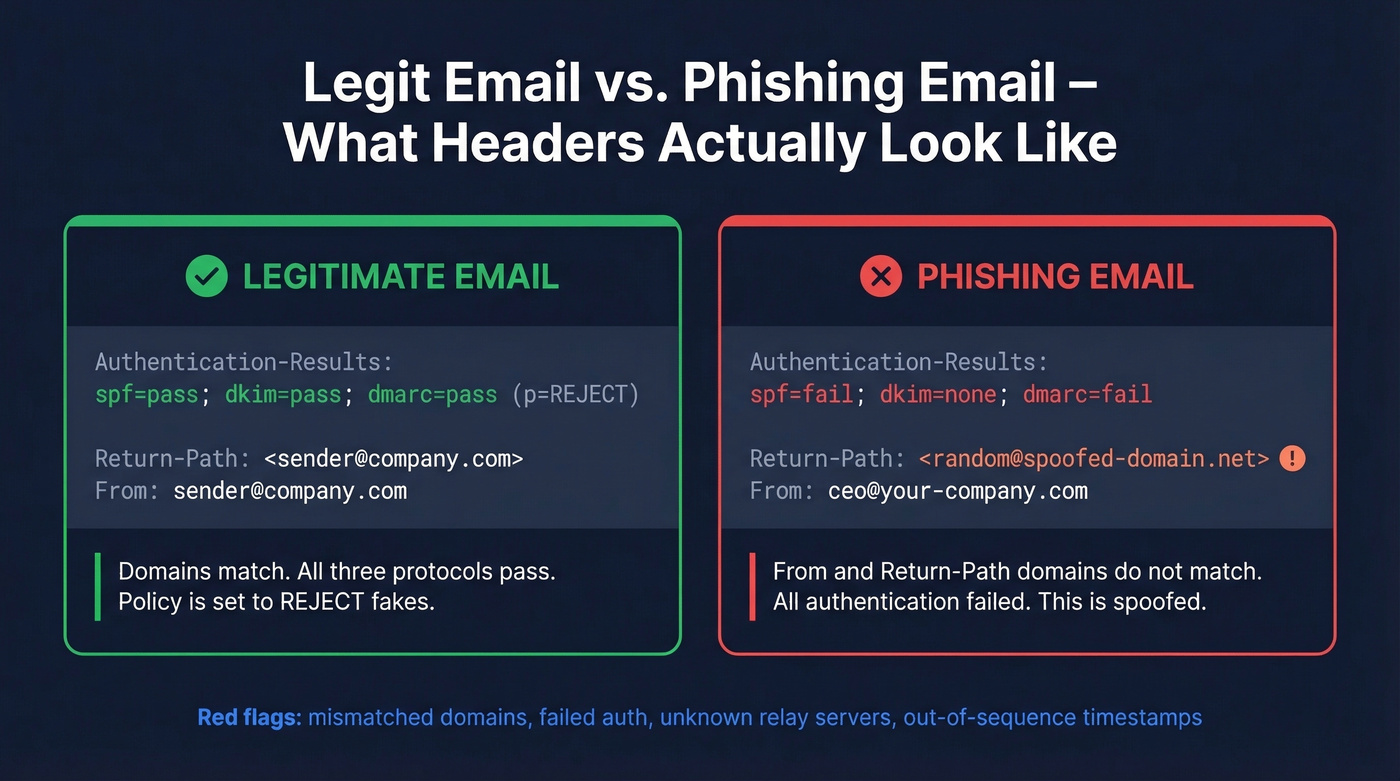 Side-by-side comparison of legitimate vs phishing email headers