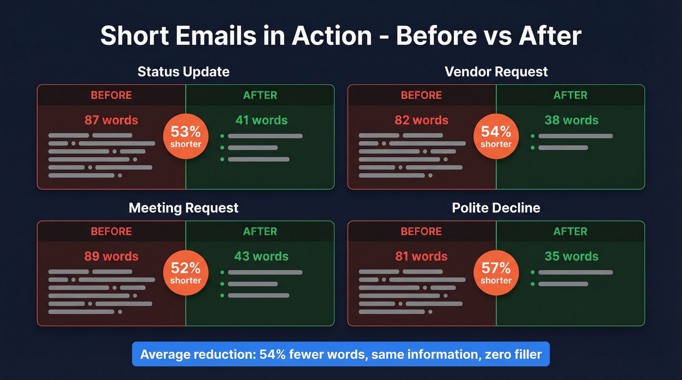 Before and after email rewrite comparison with word counts