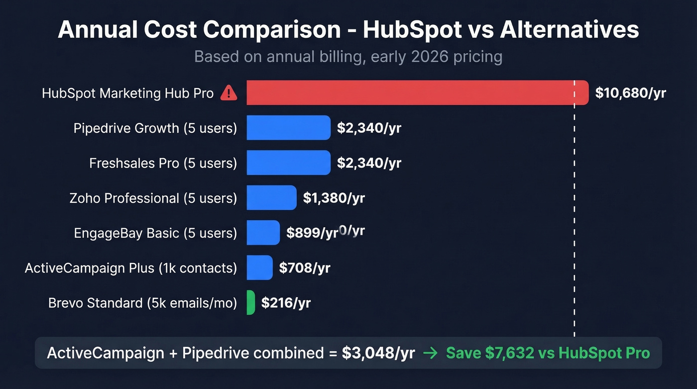 Annual cost bar chart comparing HubSpot to alternatives
