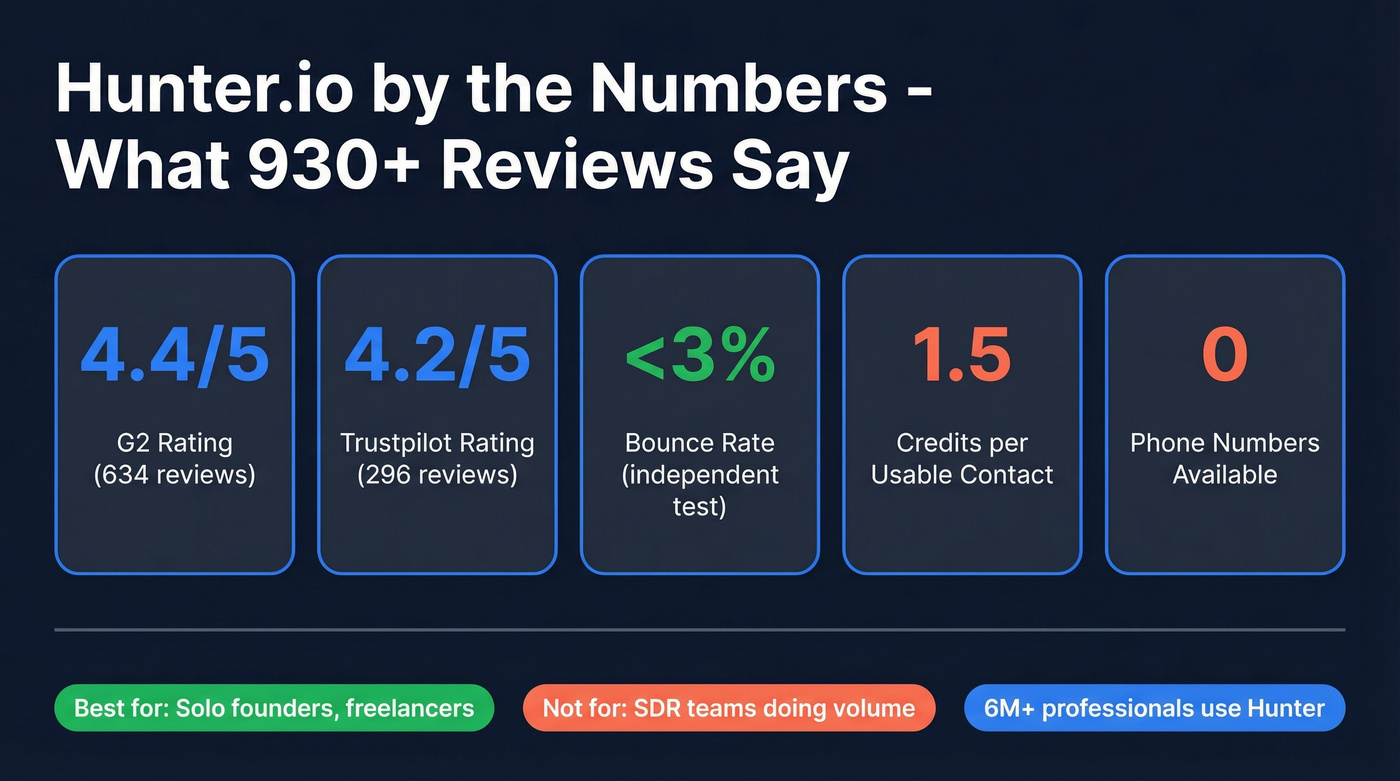 Hunter.io key stats from 930 user reviews