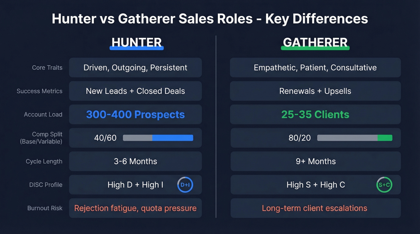 Hunter vs gatherer sales role comparison infographic
