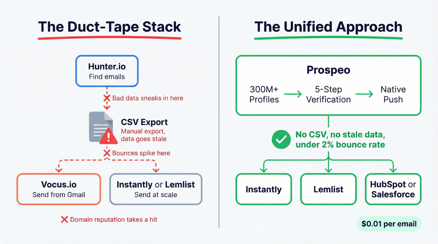 Workflow diagram showing tool stacking vs unified Prospeo approach