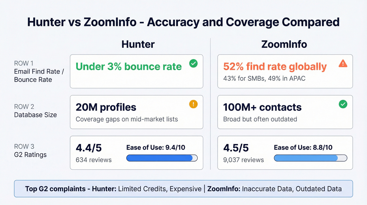 Hunter vs ZoomInfo data accuracy and coverage metrics comparison