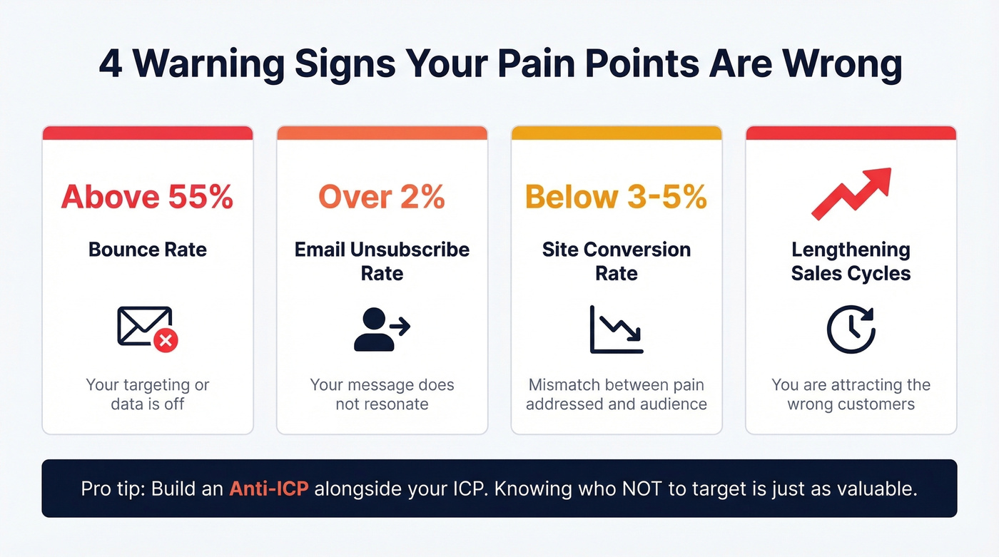 Warning metrics dashboard showing wrong ICP pain point signals