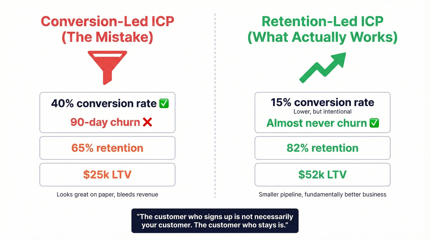 Conversion-led vs retention-led ICP comparison diagram
