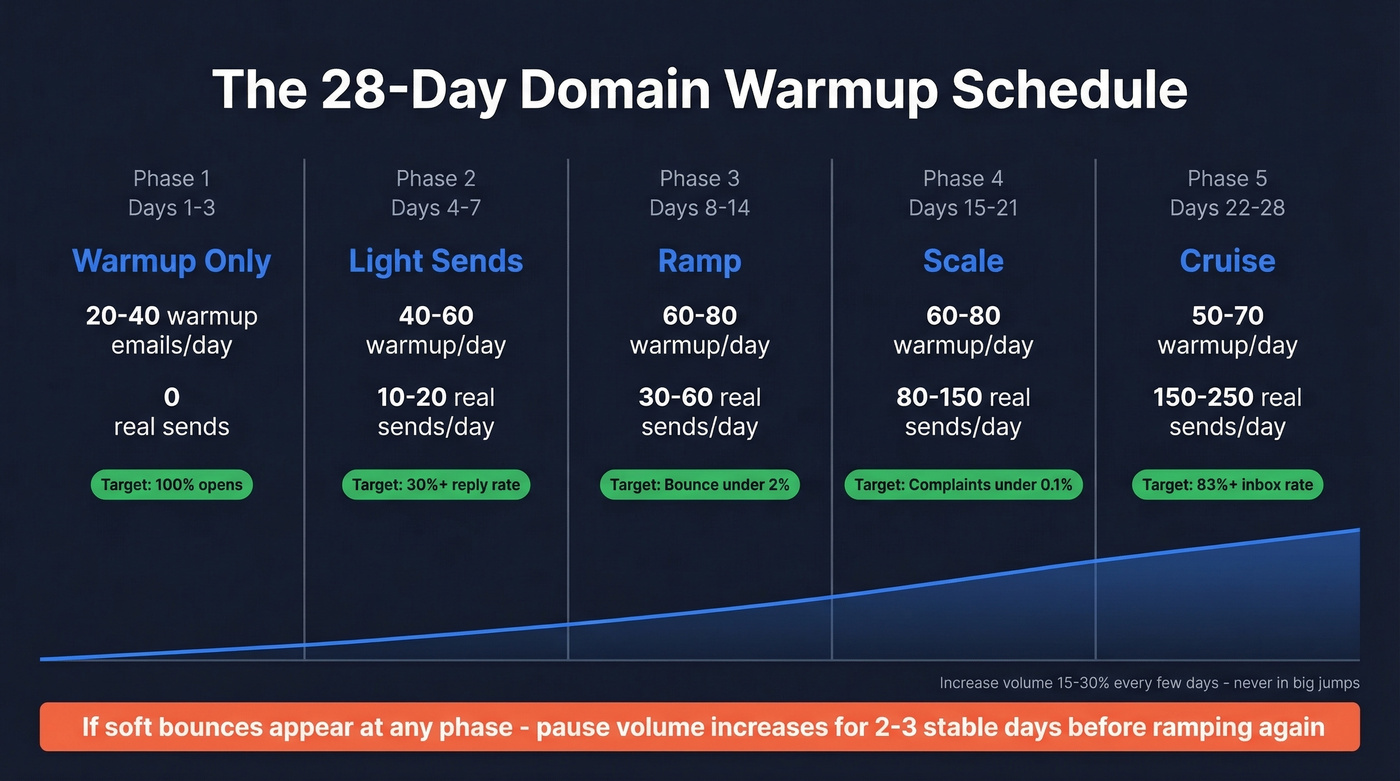 28-day domain warmup schedule with phases and metrics