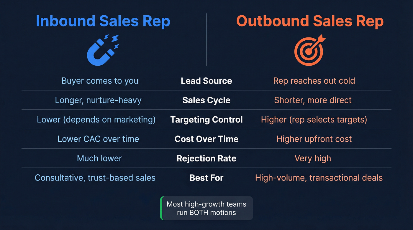 Inbound vs outbound sales rep comparison diagram