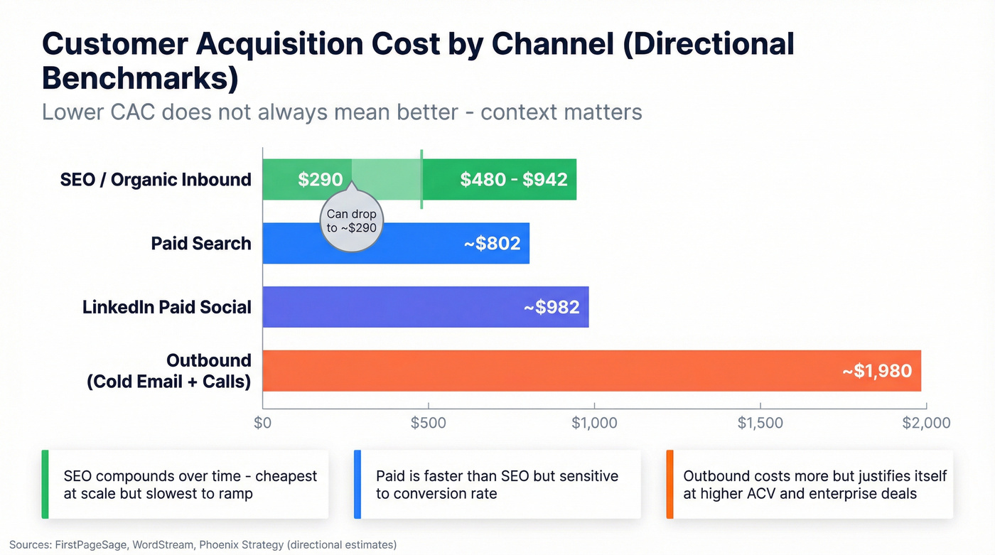 CAC comparison bar chart across sales channels
