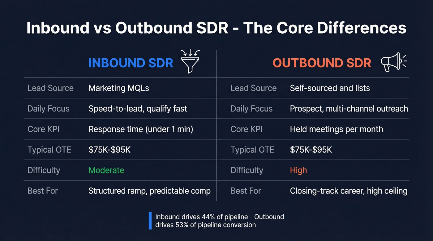 Inbound vs outbound SDR side-by-side comparison diagram