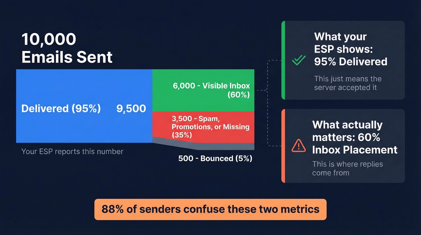 Visual breakdown showing delivery rate vs inbox placement gap