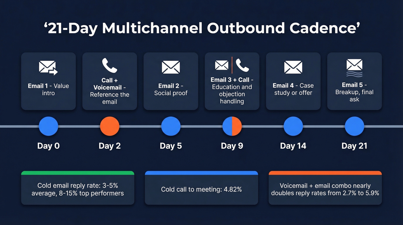 Visual multichannel outbound cadence timeline over 21 days