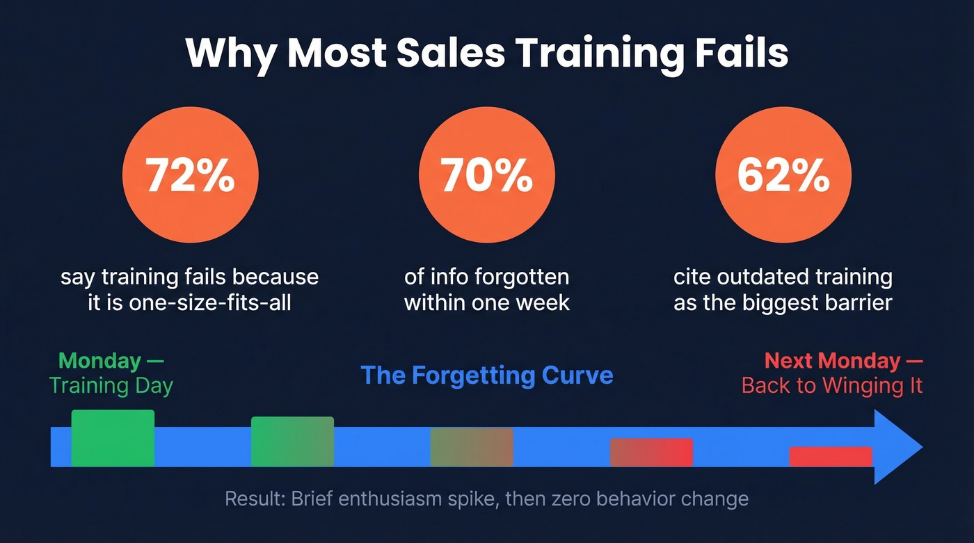 Sales training failure statistics and forgetting curve visualization