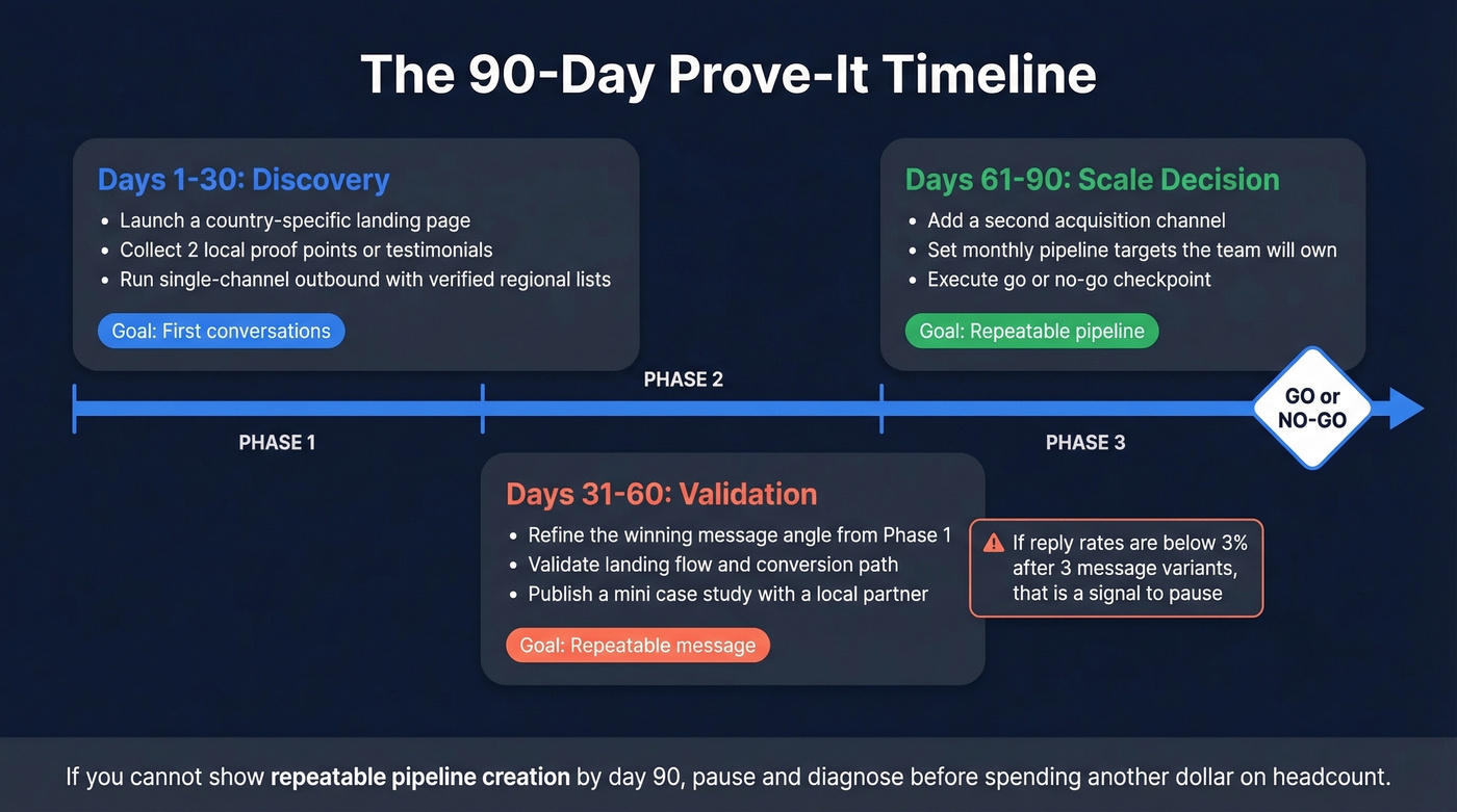 90-day international market validation timeline