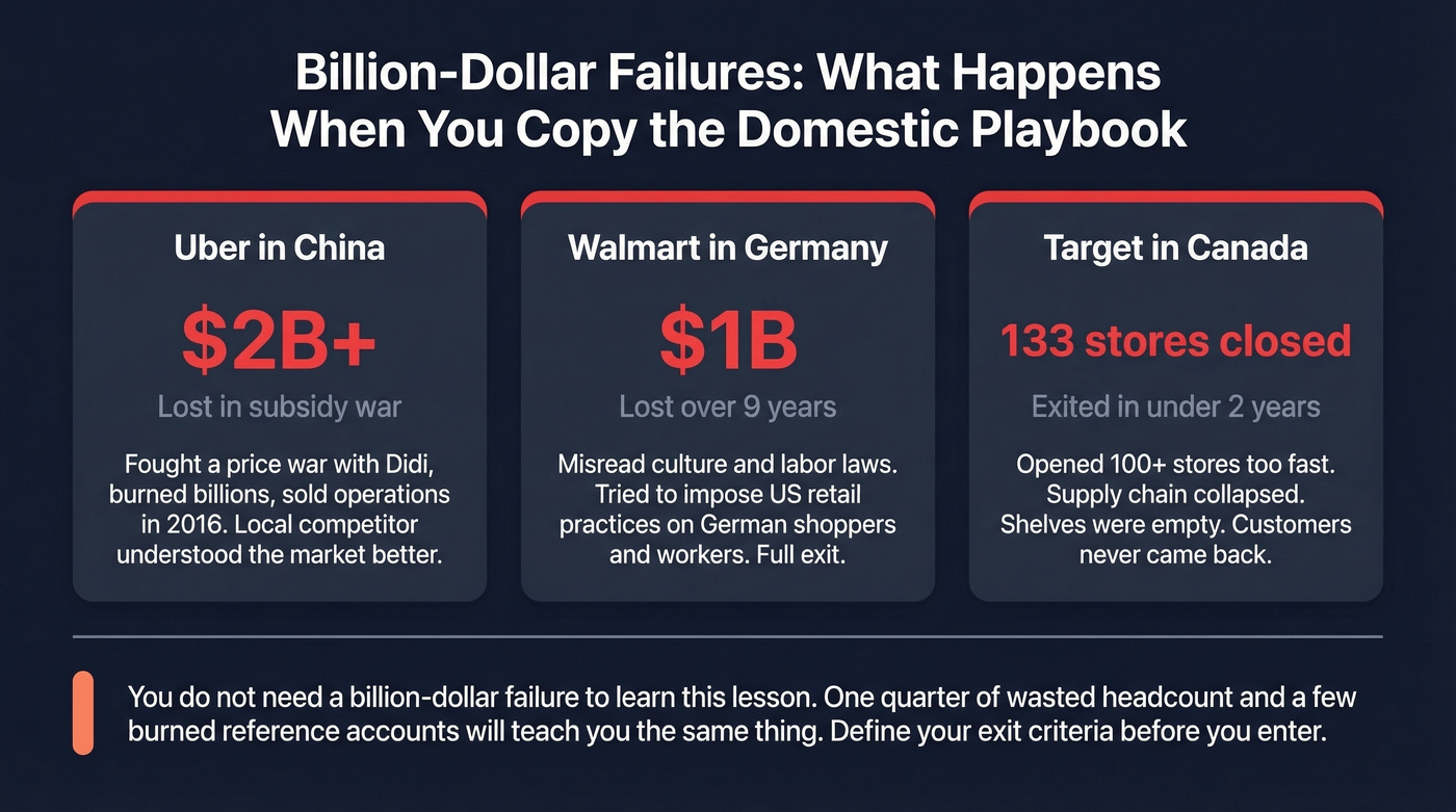 Three billion-dollar international expansion failures infographic