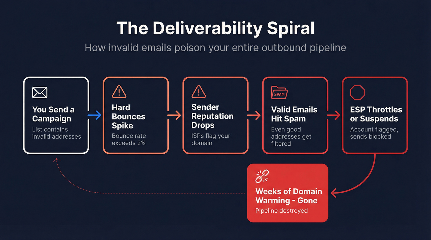 Deliverability spiral showing how invalid emails destroy sender reputation