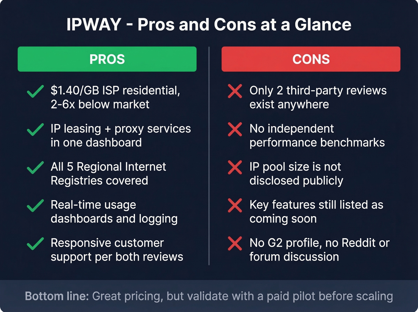 IPWAY pros and cons visual summary card