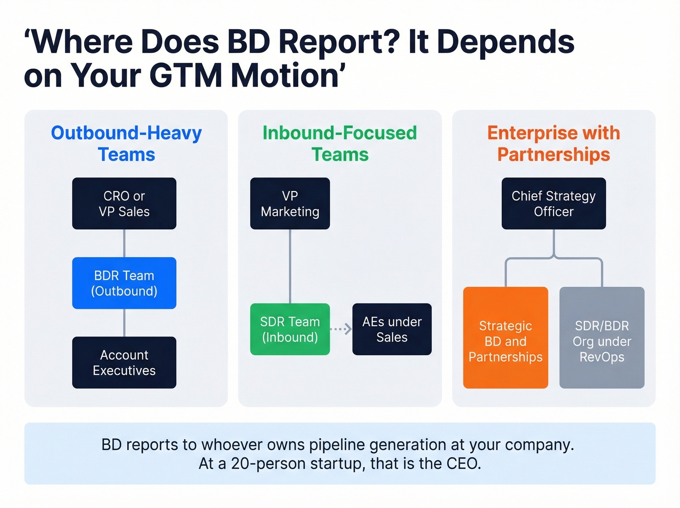 Org chart showing where BD reports at different companies