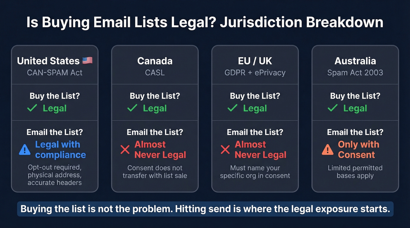 Email list legality by jurisdiction comparison chart