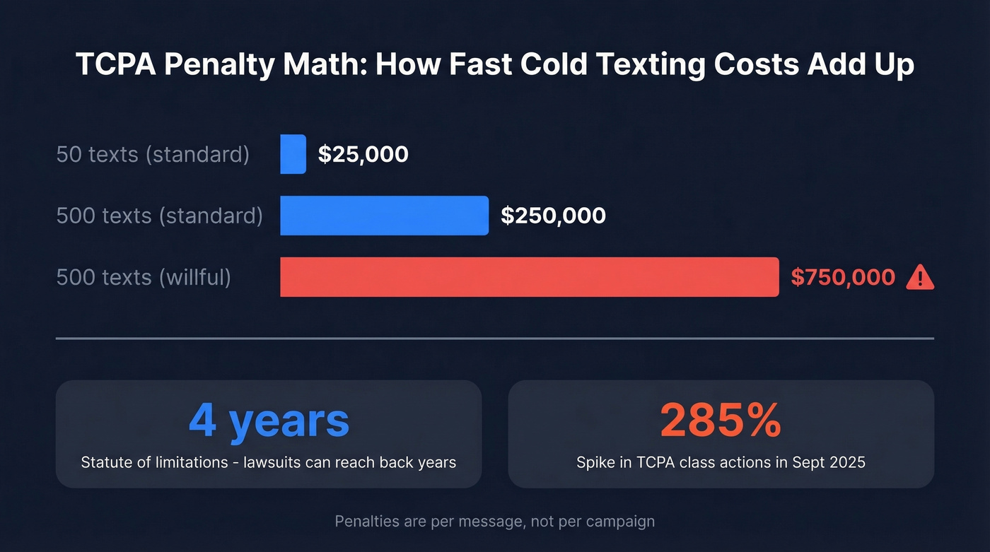 TCPA penalty math showing per-text cost escalation