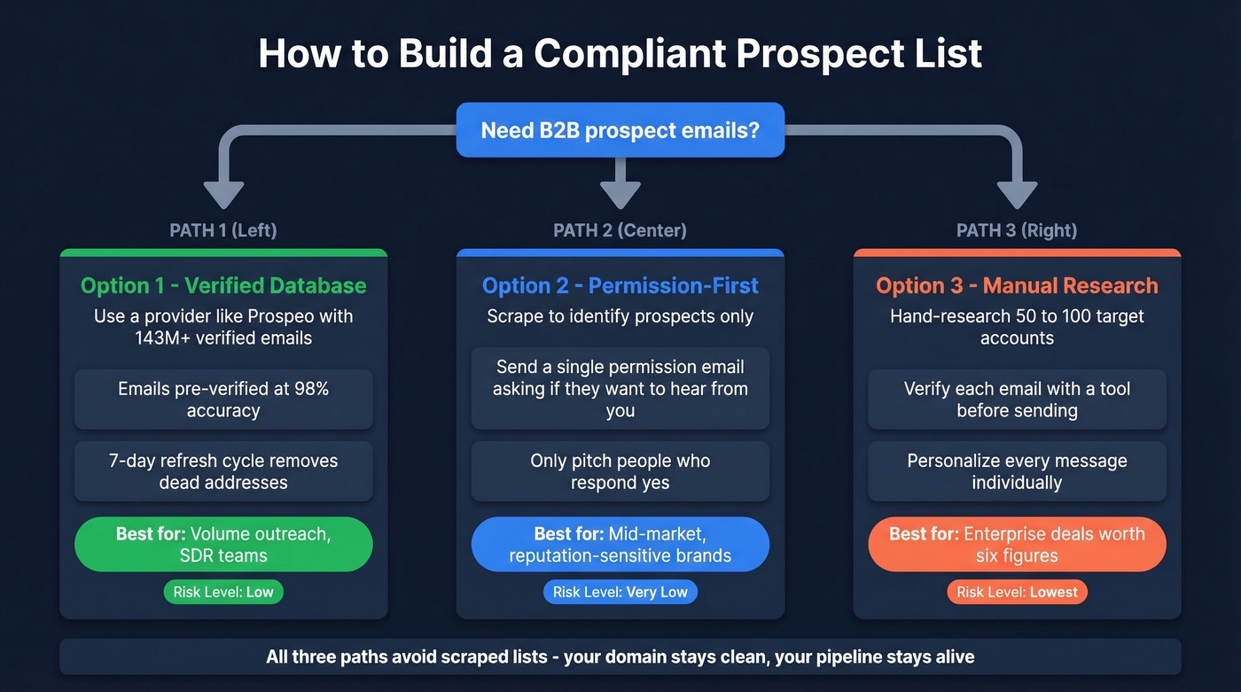 Three-path decision flow for building compliant prospect lists