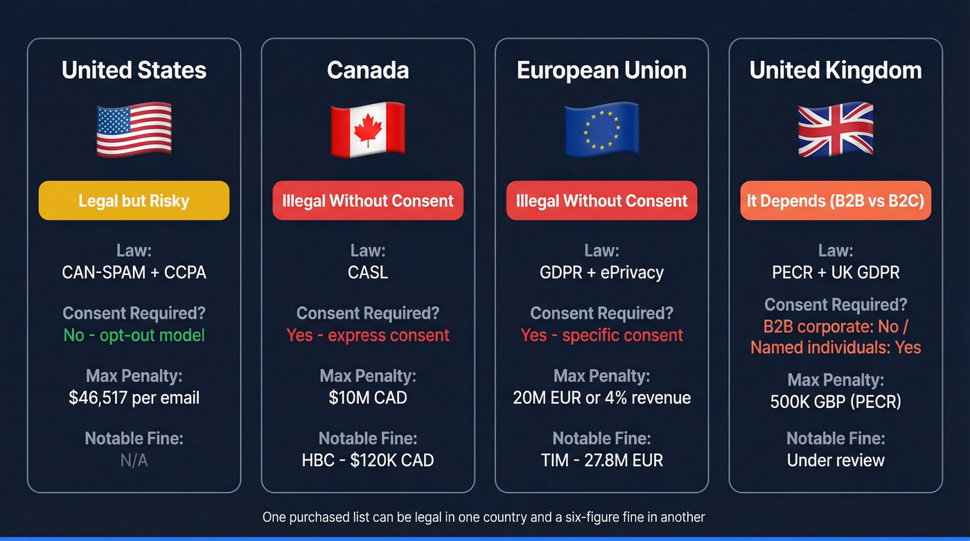 Email list legality comparison across US, Canada, EU, UK