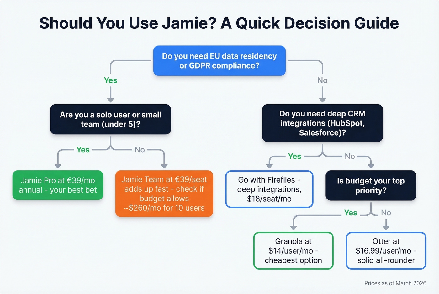 Decision flowchart for choosing Jamie or alternatives
