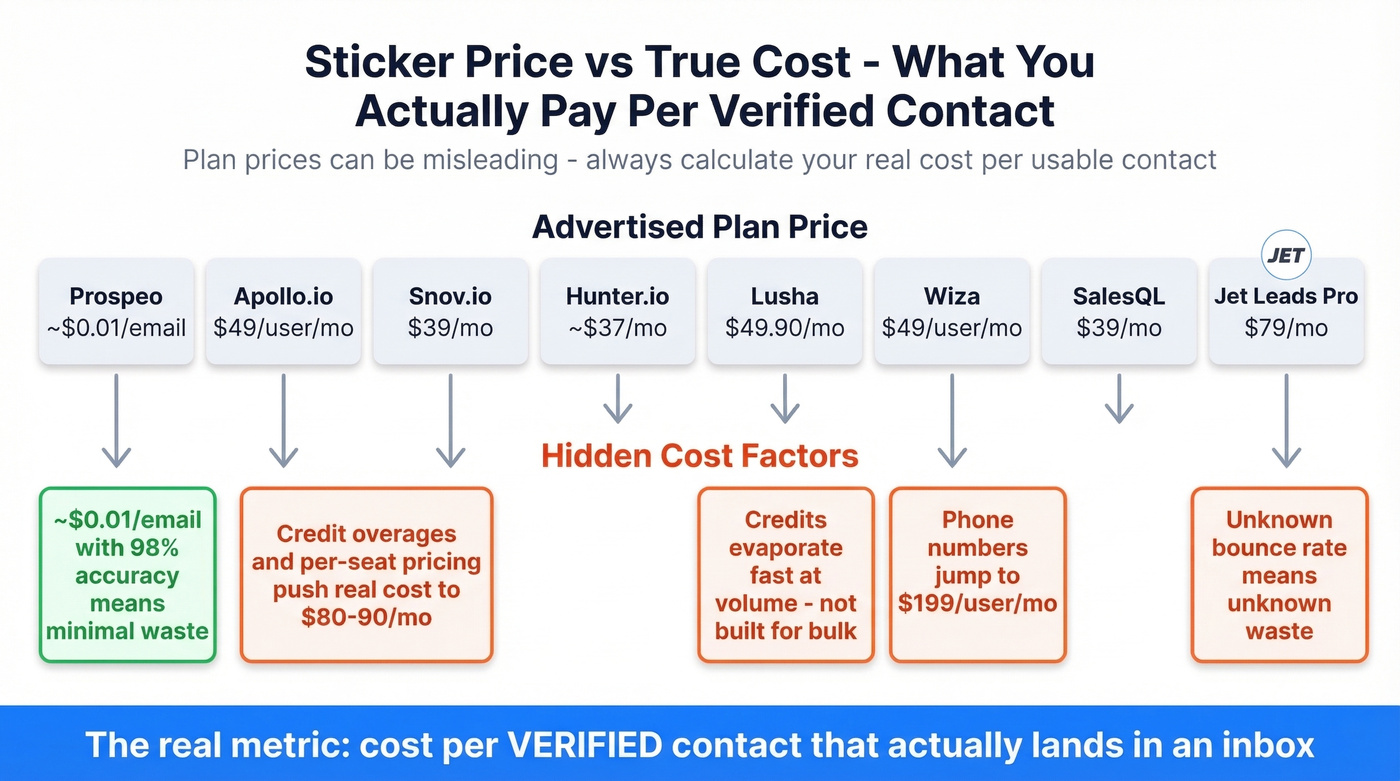 True cost per verified contact across all tools