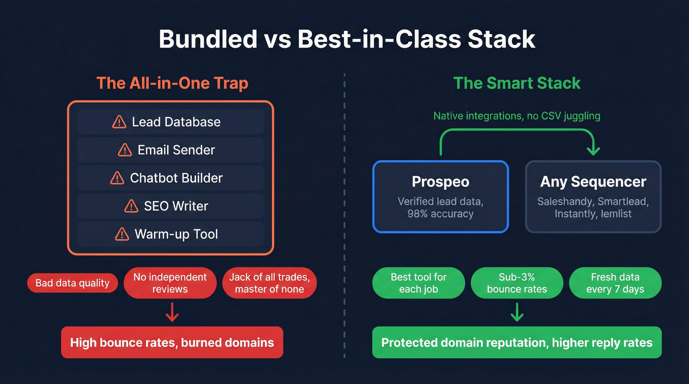 Bundled vs unbundled outreach stack diagram