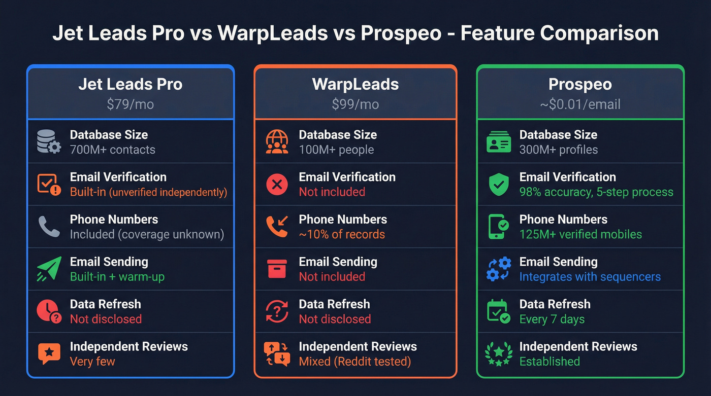 Jet Leads Pro vs WarpLeads vs Prospeo feature comparison