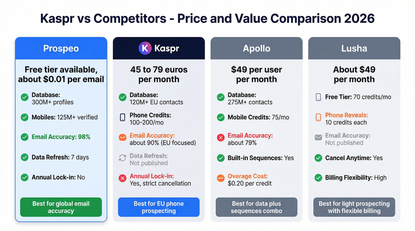 Kaspr vs Prospeo vs Apollo vs Lusha comparison