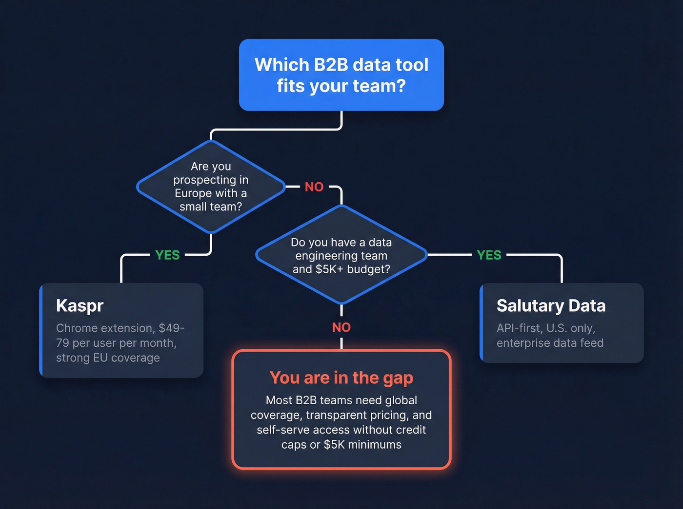 Decision flowchart for choosing Kaspr or Salutary Data or neither
