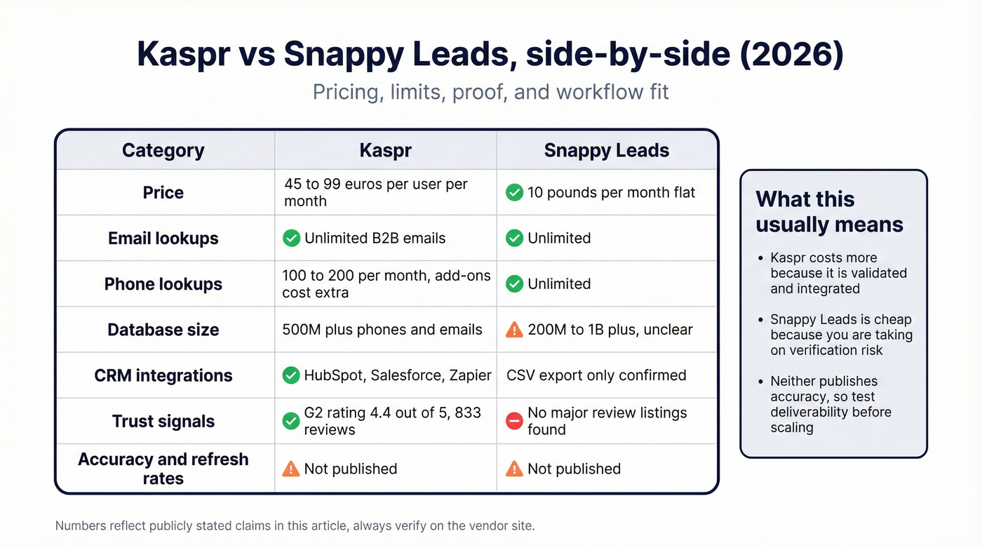 Shareable feature matrix comparing Kaspr and Snappy Leads