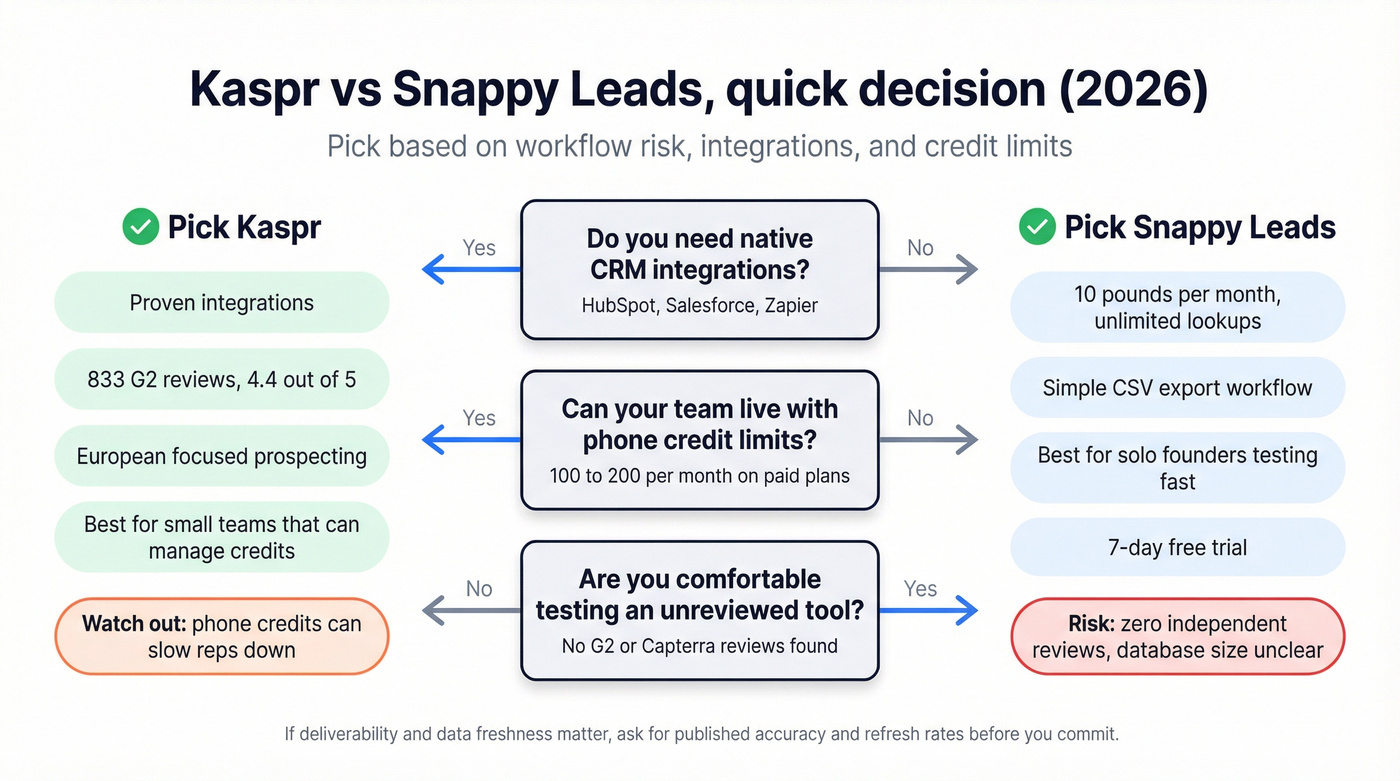 Decision chart for choosing Kaspr vs Snappy Leads