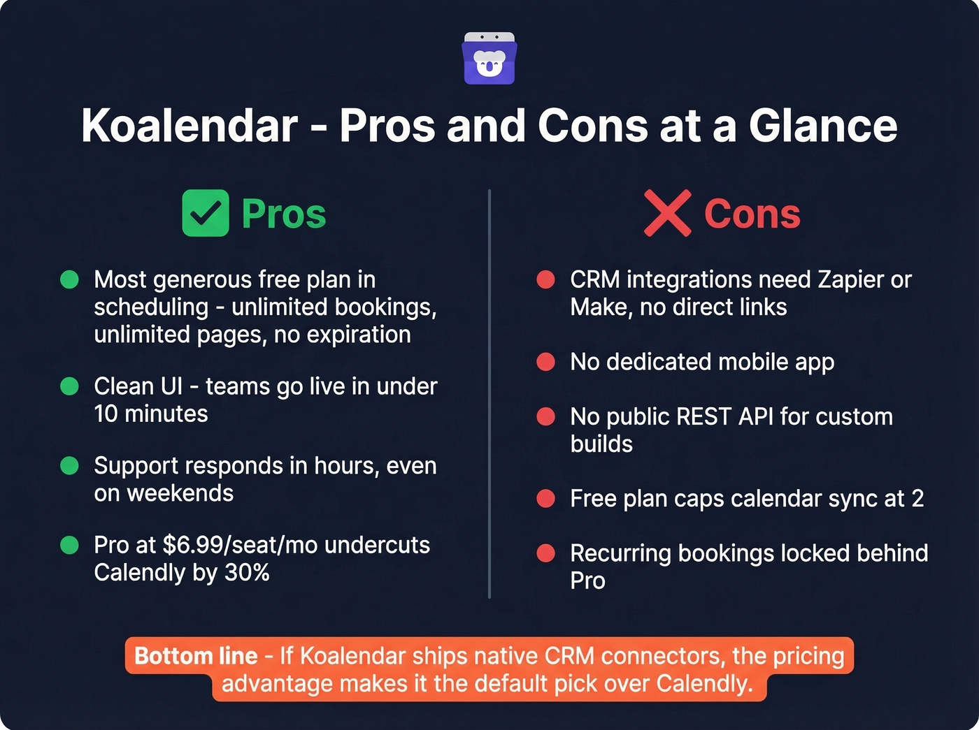 Koalendar pros and cons visual summary card