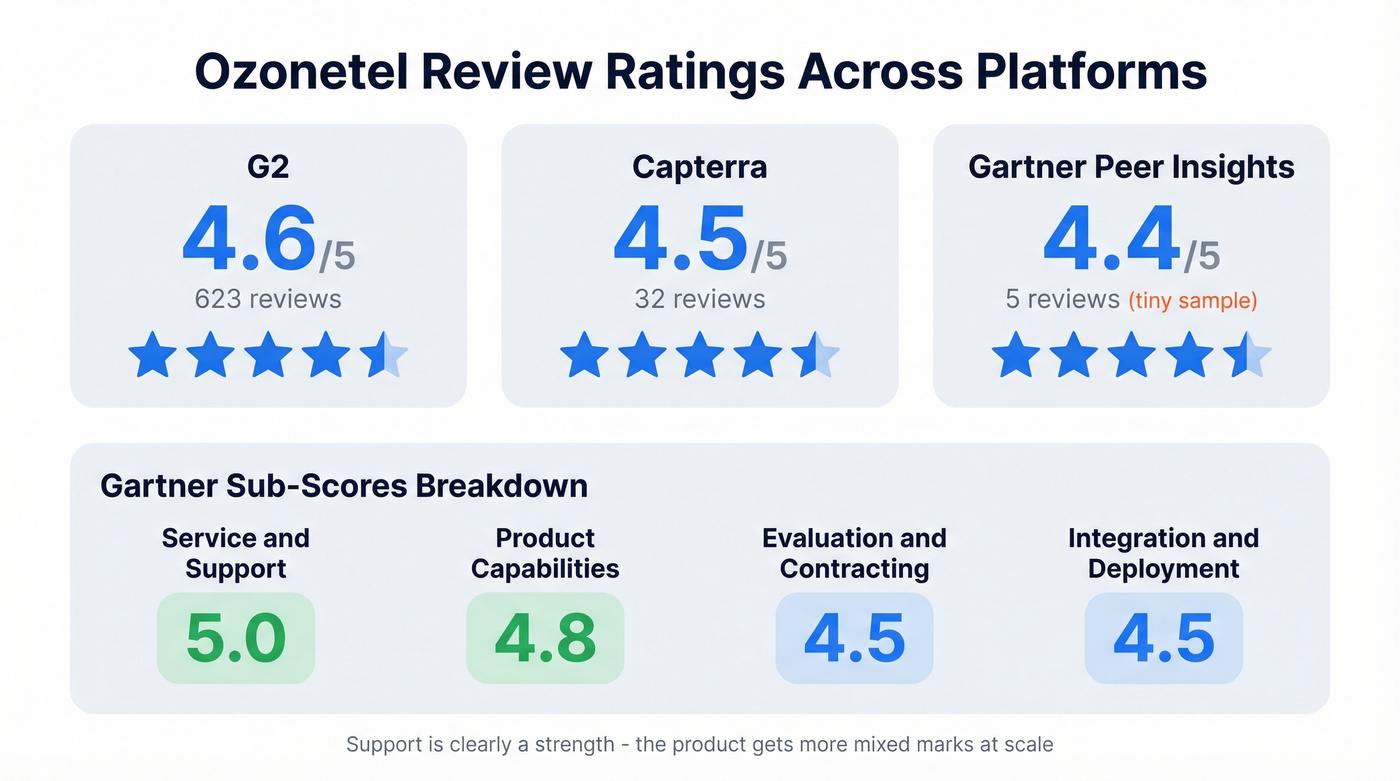 Ozonetel review ratings across platforms with Gartner sub-scores