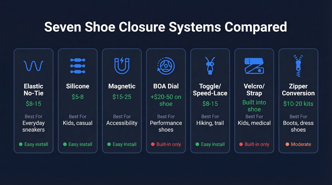 Visual comparison of seven shoe closure system types