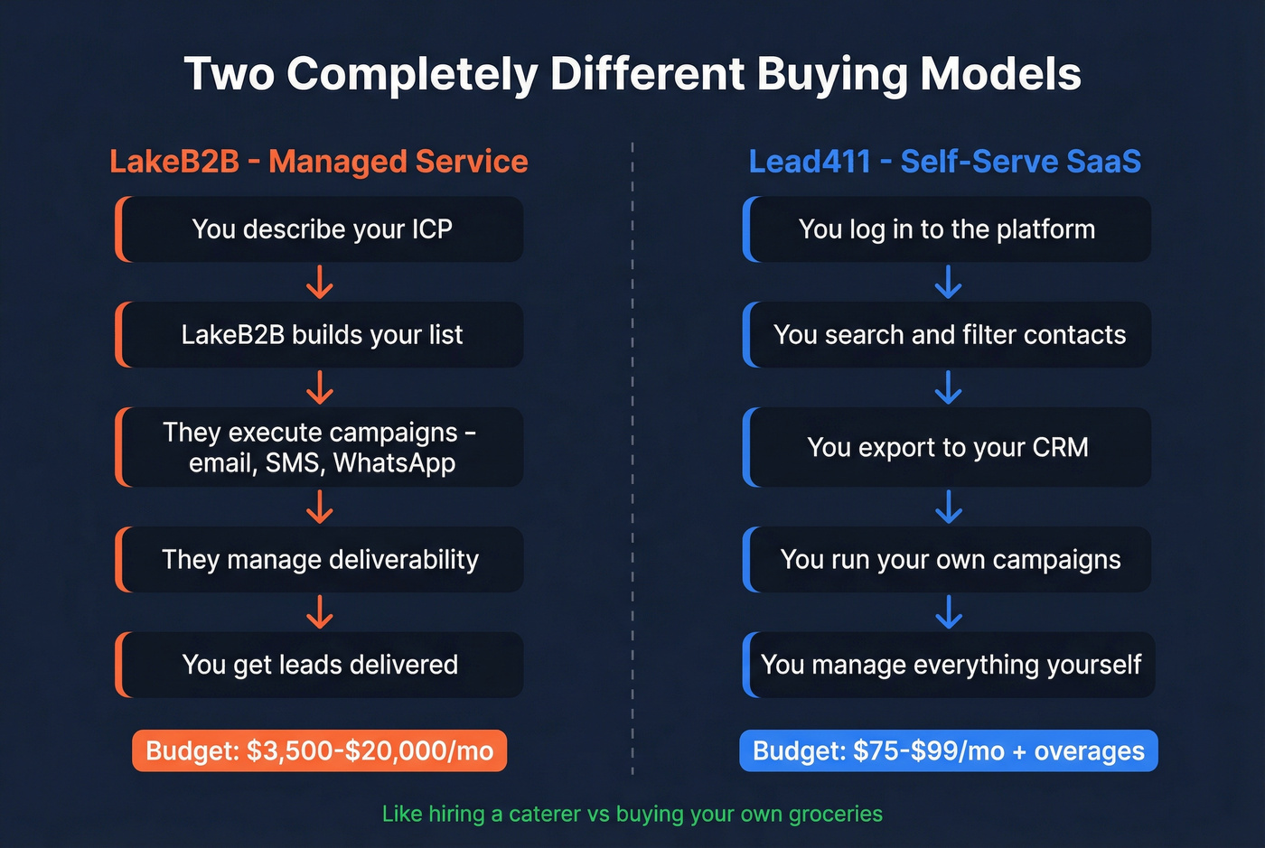 LakeB2B managed service model vs Lead411 self-serve model