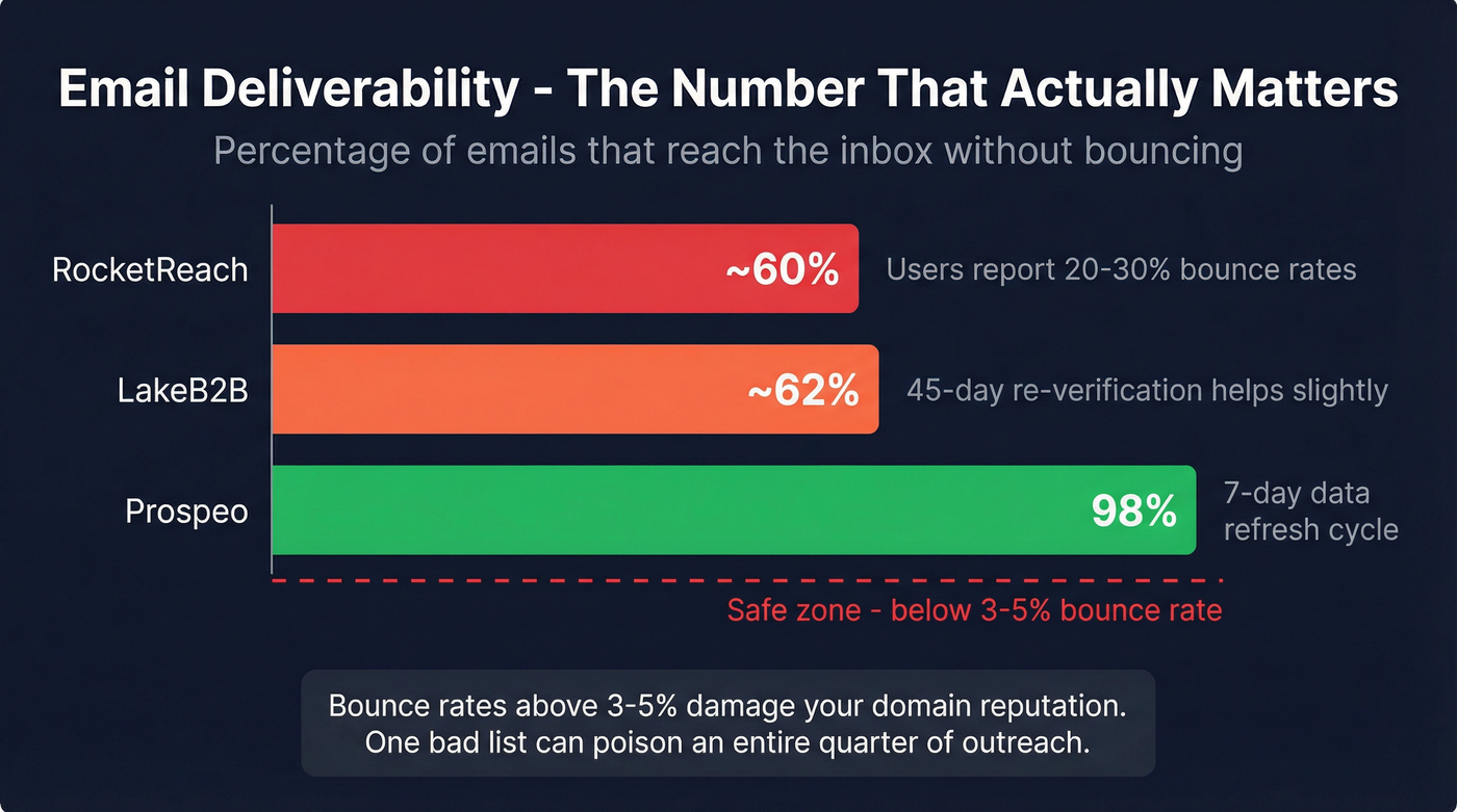 Email deliverability comparison across LakeB2B, RocketReach, and Prospeo
