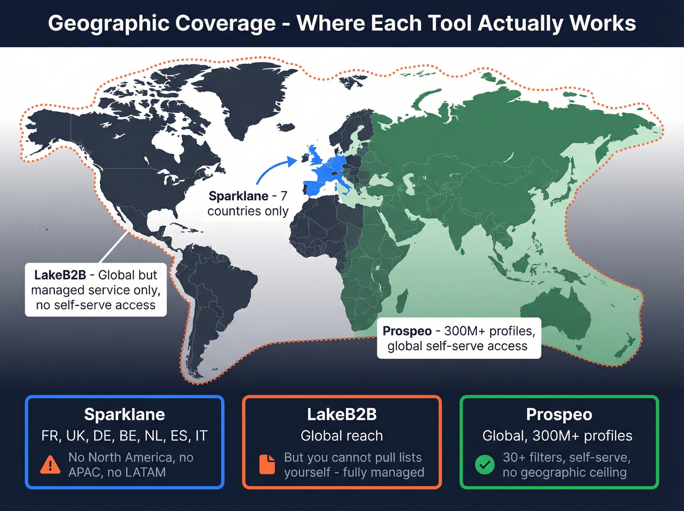 Geographic coverage map comparing Sparklane and LakeB2B and Prospeo