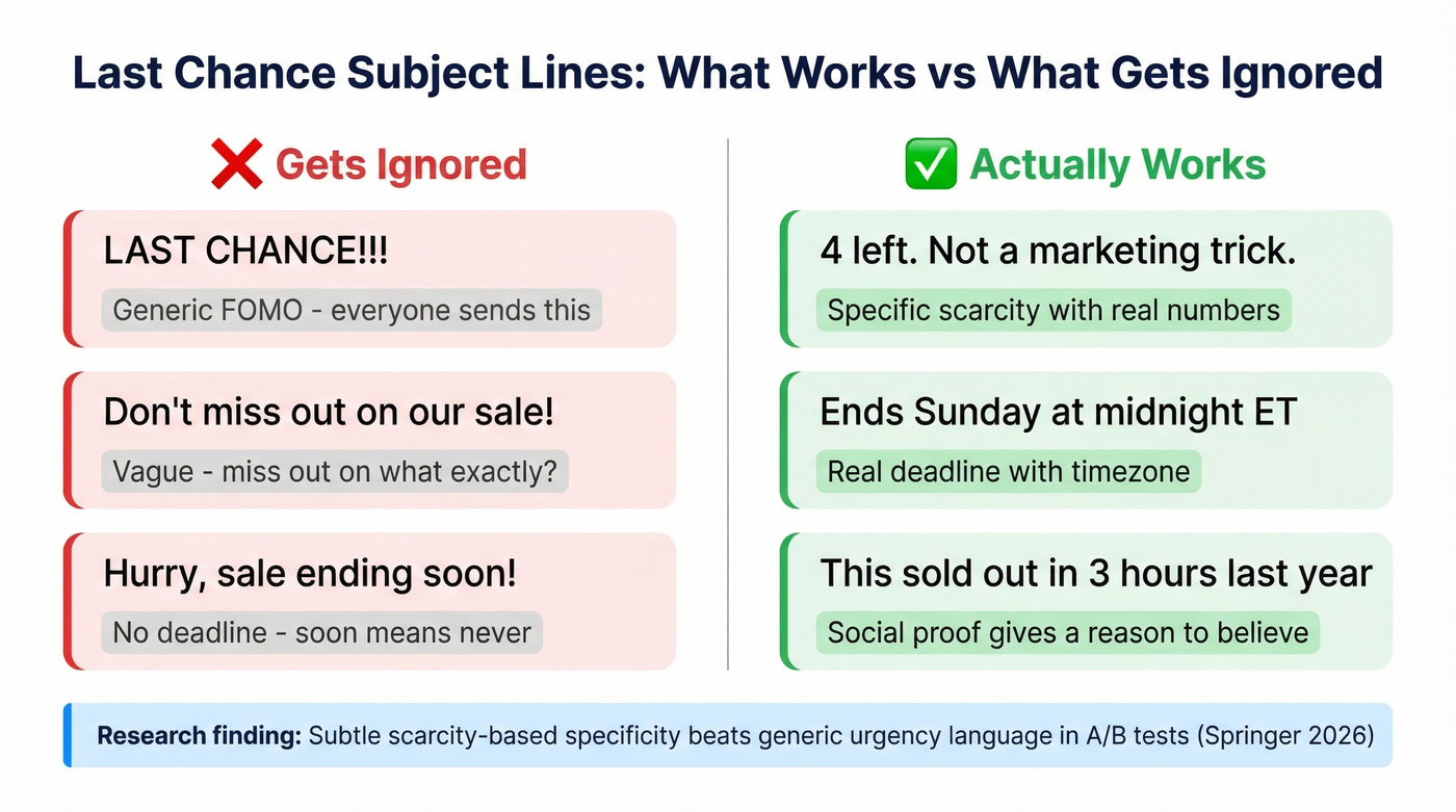 Subject line comparison showing what works vs what fails